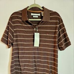 Perry Ellis NWT szL men's polo shirt silk blend brown striped modern fit